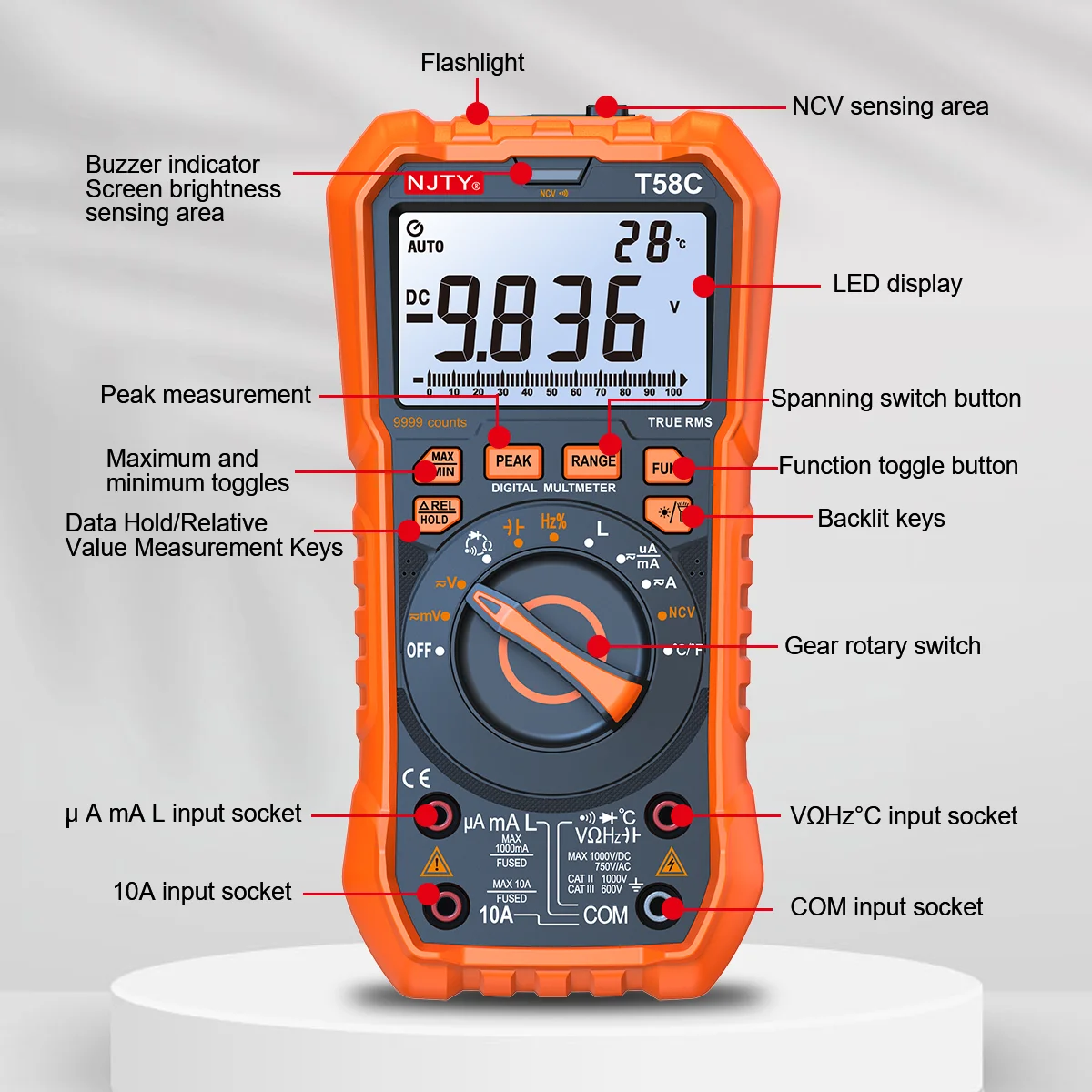 NJTY T58B T58C Digitalmultimeter 9999 Zählungen Auto Range LED-Blinkbuchse AC/DC Spannung Strom Induktivität Kapazität HZ TEMP – Detail 13