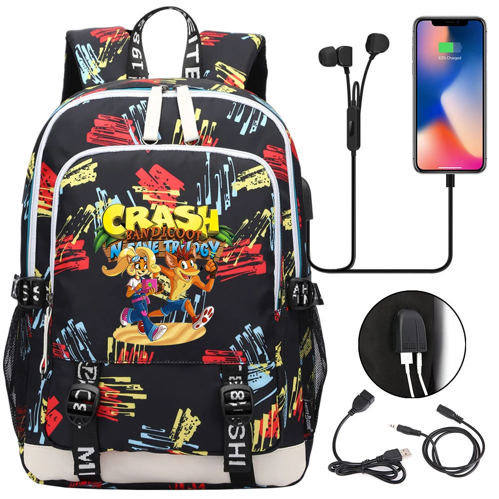 

Game Crash Bandicoot School Bags Students USB Charging Laptop Backpack Women Men Travel Bags Kids Teenager College Backpack