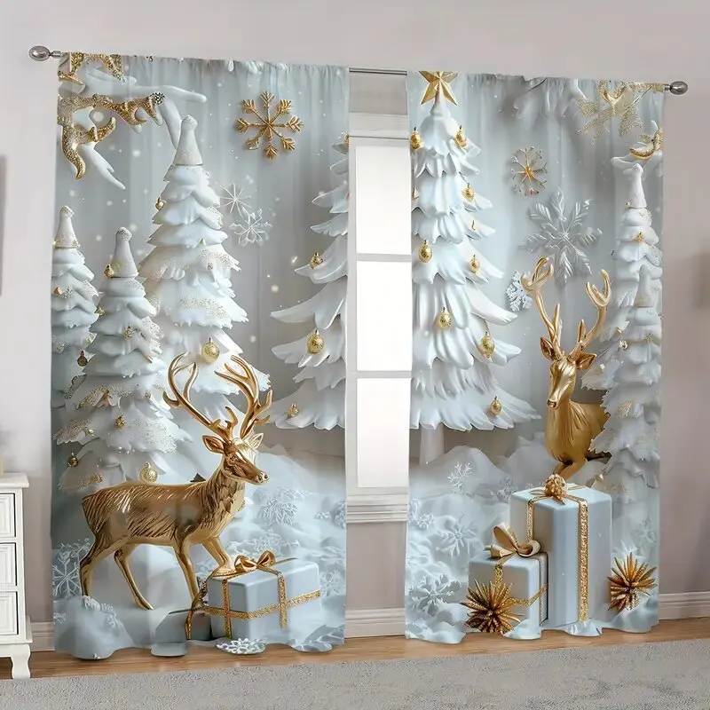 2pcs - Christmas snow tree and Golden reindeer design printed curtains, pole bag curtains, home decoration, room decoration 2