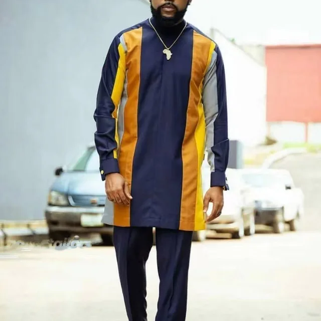 Chinedu Two Piece Long Sleeve Color Panel Shirt and Pant - Image 4