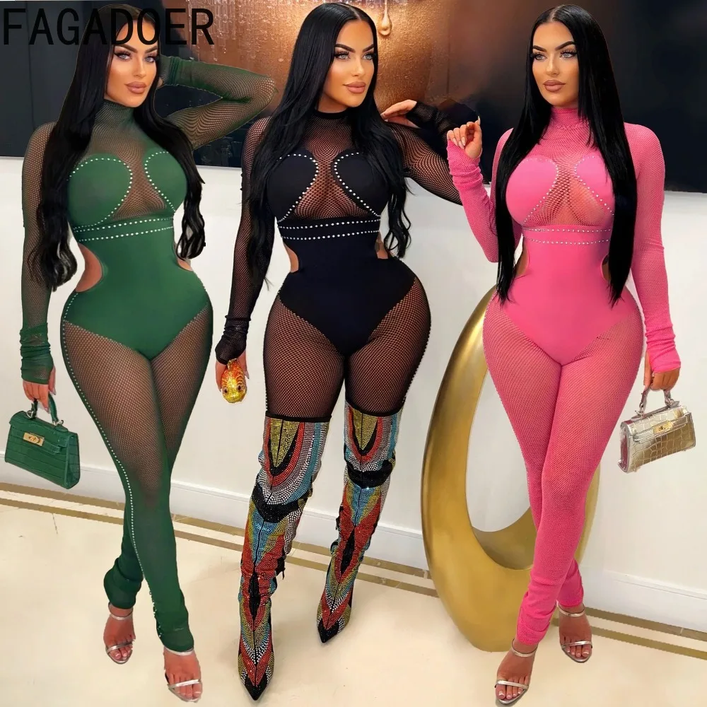 

FAGADOER Sexy Mesh Rhinestones Perspective Bodycon Party Club Jumpsuits Women O Neck Long Sleeve Slim Playsuits Female Overalls