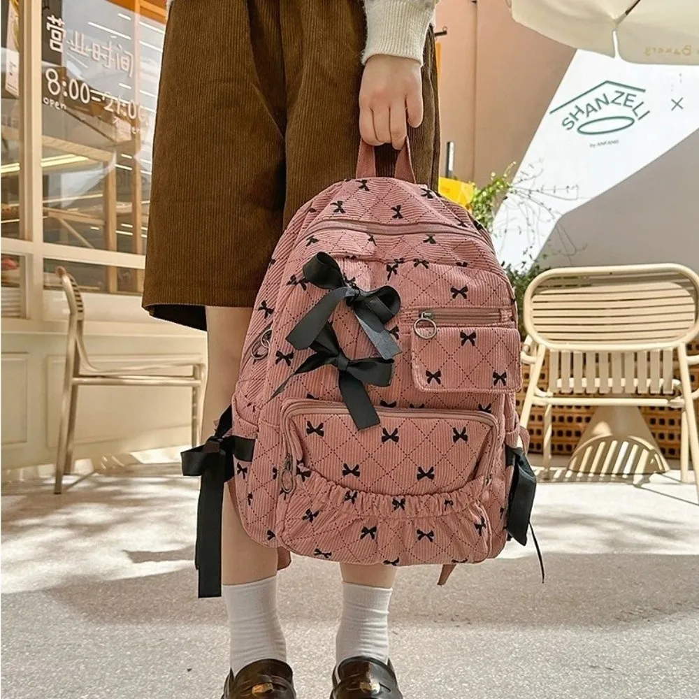 Fashion Corduroy Bow Schoolbag Large Capacity Bow Print Backpack Bag Ins Style Students Backpack Women 4
