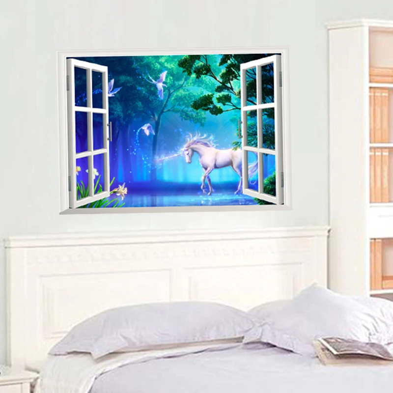 

Unicorn 3D Fake Window Wall Stickers For Kids Room Bedroom Home Decoration Animal Forest Scenery Mural Art Diy PVC Decal
