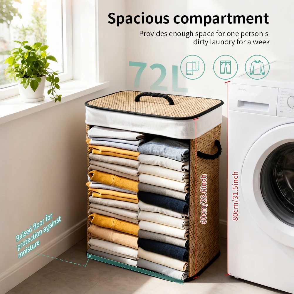72 L Large Bamboo Foldable Laundry Basket Storage Hamper Box with Removable Washable Lining 40 x 30 x 60 cm Space Saving 5 S28f9f02264e14645bf759fe6a9b1a972F