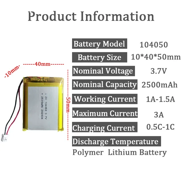 Rechargeable 104050 3.7V 2500mAh Li-Po Battery Lithium with jst PH