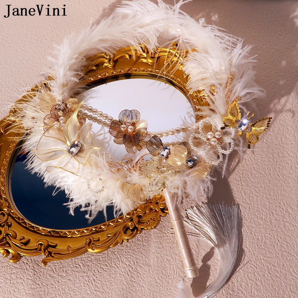 JaneVini White Crystal Pearl Feathers Bridal Fan Bouquet Vintage Bride Party Wedding Hand Fan Bridal Flower Ancient Flores Novia