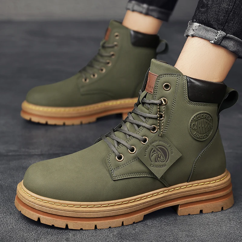 High Top Boots Men Leather Shoes Fashion Motorcycle Ankle outdoors Boots For Men Winter Man Shoes Lace-Up Botas Hombre