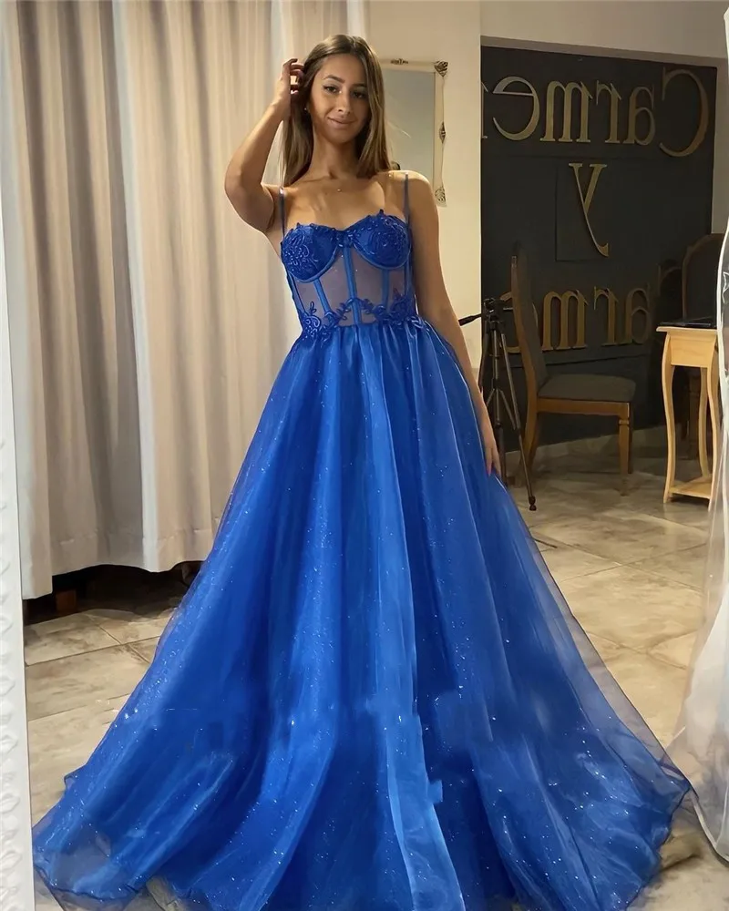 

Sparkly Royal Blue Tulle Prom Dresses Sweetheart Lace Appliques Sexy Spaghetti Straps Evening Gowns Long Party Wear فستان سهرة