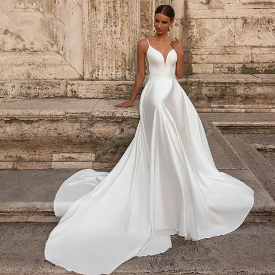Neue sexy Brautkleider mit Spaghettiträgern, Herzausschnitt, weichem Satin, A-Linie, 2026, offener Rücken, Hofschleppe, Tüll, für Damen – Detail 4