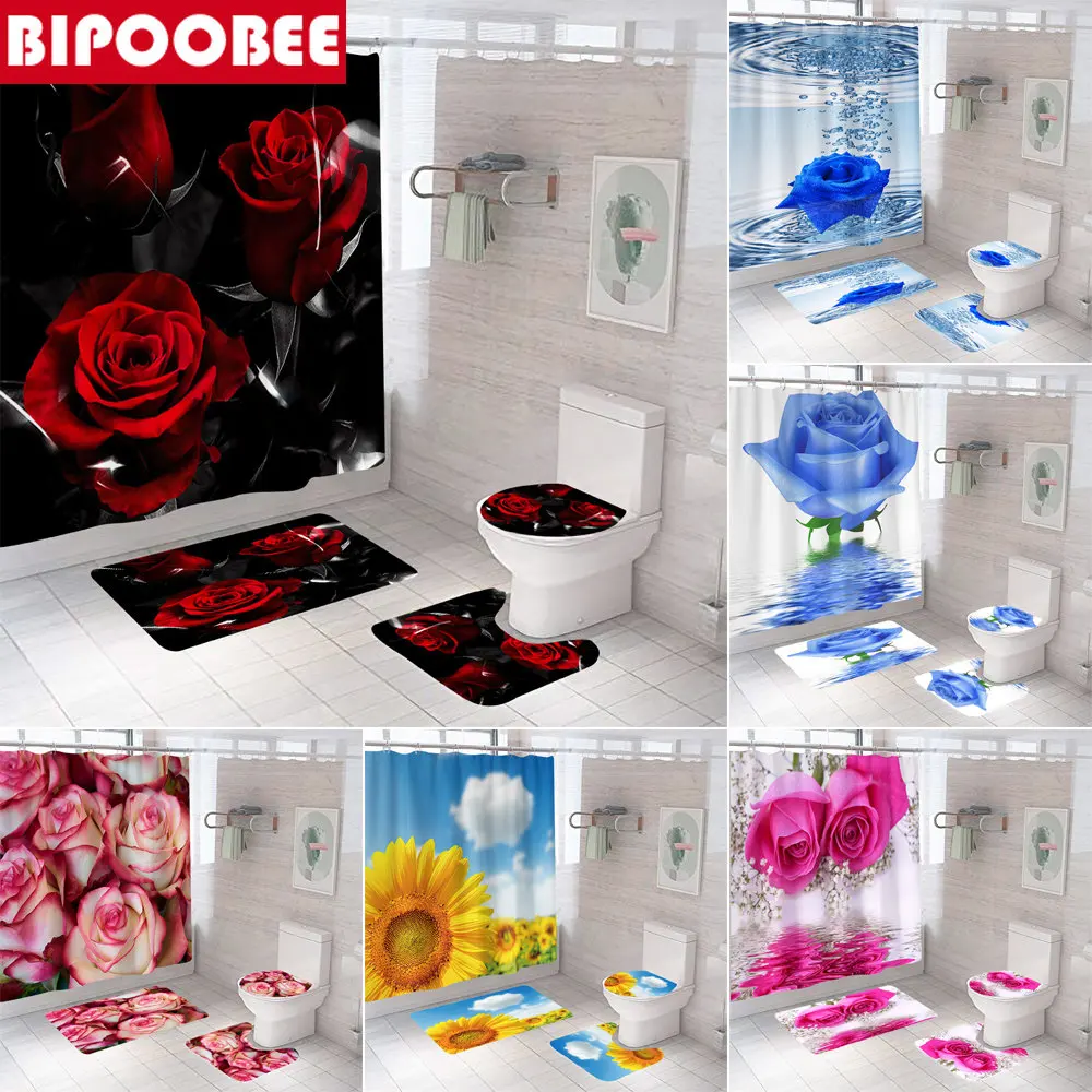 

Занавеска для душа в виде красной розы, нескользящий коврик для унитаза, коврик для ванной, занавеска с отражением цветов, аксессуары для домашнего декора