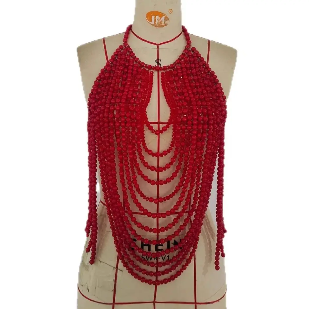 New Red Beaded Heavy-Duty Sexy Crop Top European & American Summer Outings Lace-Up Layered Styling 1