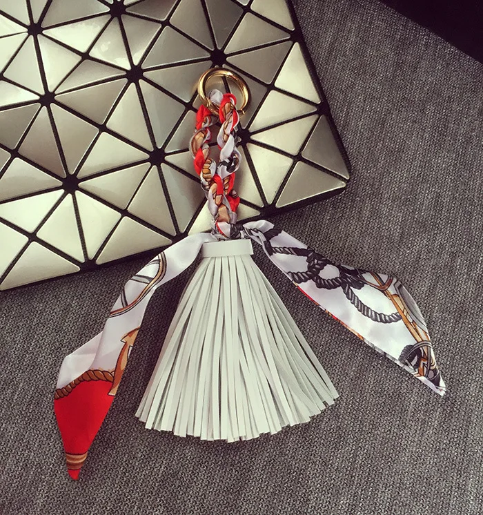 Fringed Leather & Silk Scarf-Inspired Bag Charm with Keychain