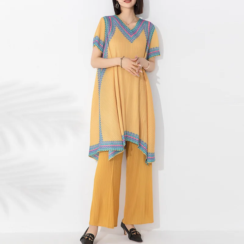 

2023 summer new pleated fashion casual suit women's print medium long big swing top wide leg pants two-piece set