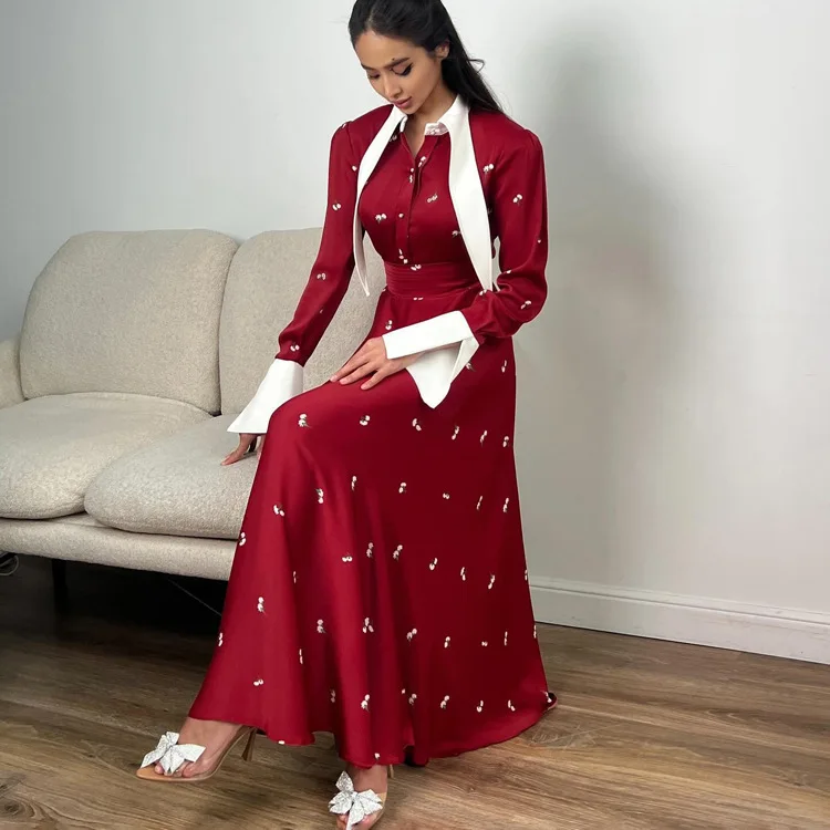 Elegant Satin Printed Long Dress Women's High Waist Patchwork Commute Slim Autumn Contrast Dress Female Maxi Dress