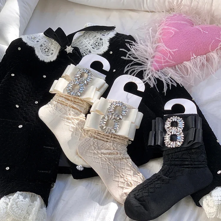 Handmade Square Rhinestone Twist Bunching Stockings All-Match Mid-High Tube Sweet Women's Soft Comfort Socks Knee High Socks