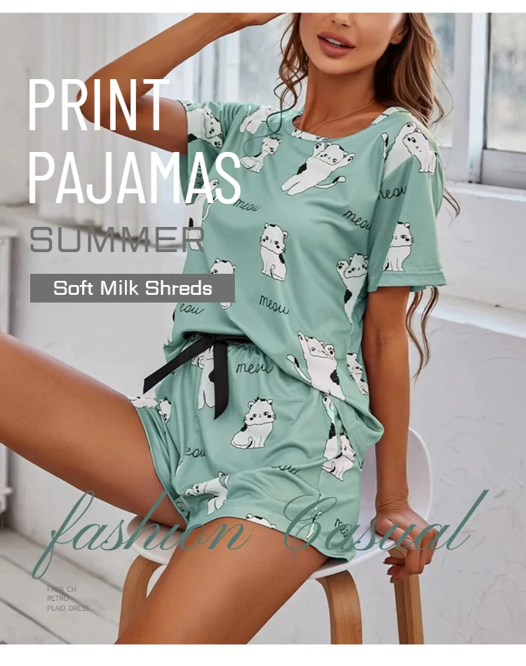 Pyjama-Set für Damen Kurzarm-Nachtwäsche-Top und Hose Nachtwäsche 3-teilige Pyjamas mit Cartoon-Print Nachtwäsche Nachtwäsche – Detail 3