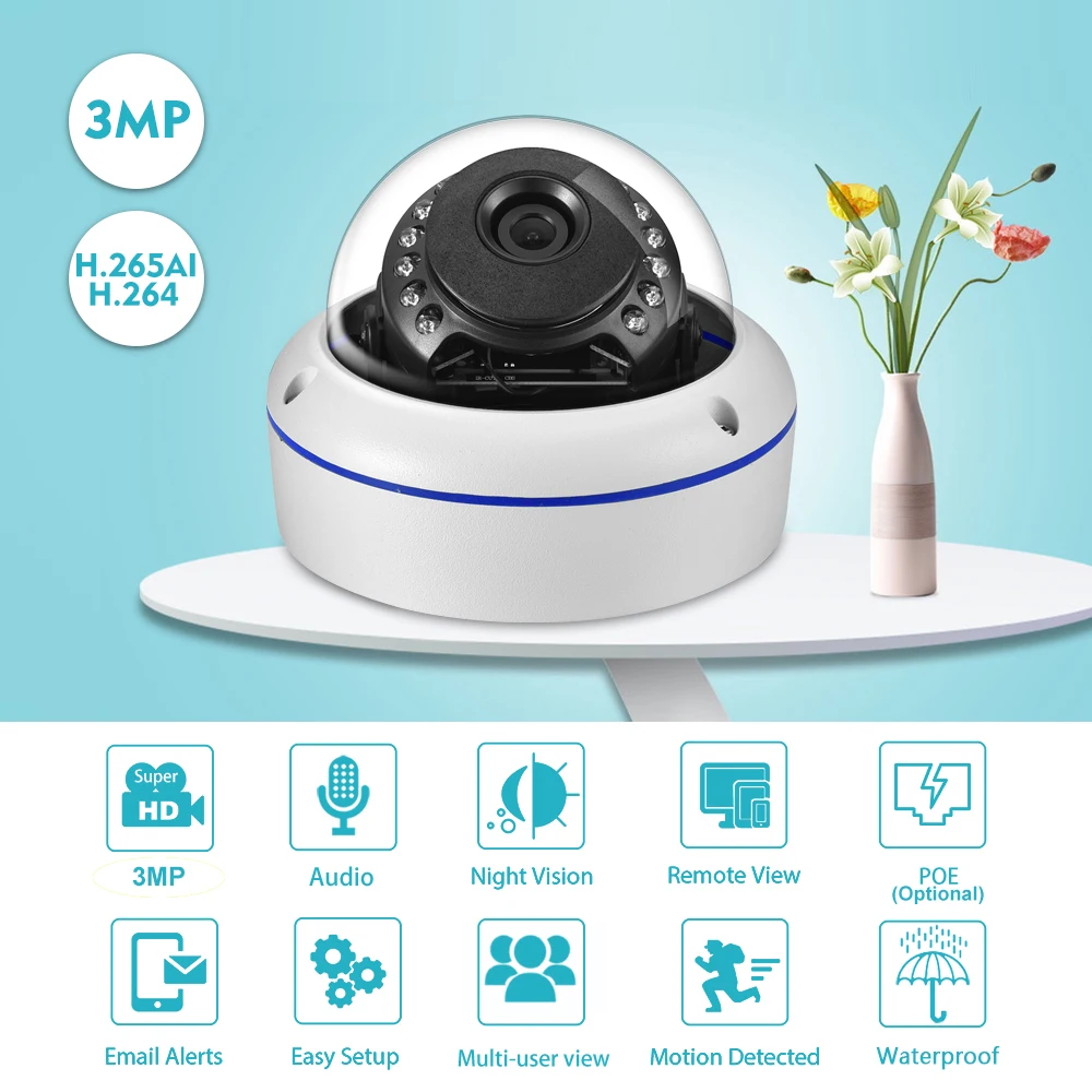 Gadinan HD 3MP H.265 Surveillance Metal IP Camera Audio Microphone Dome Outdoor CCTV Security XMEye Email Push P2P POE Optional 2