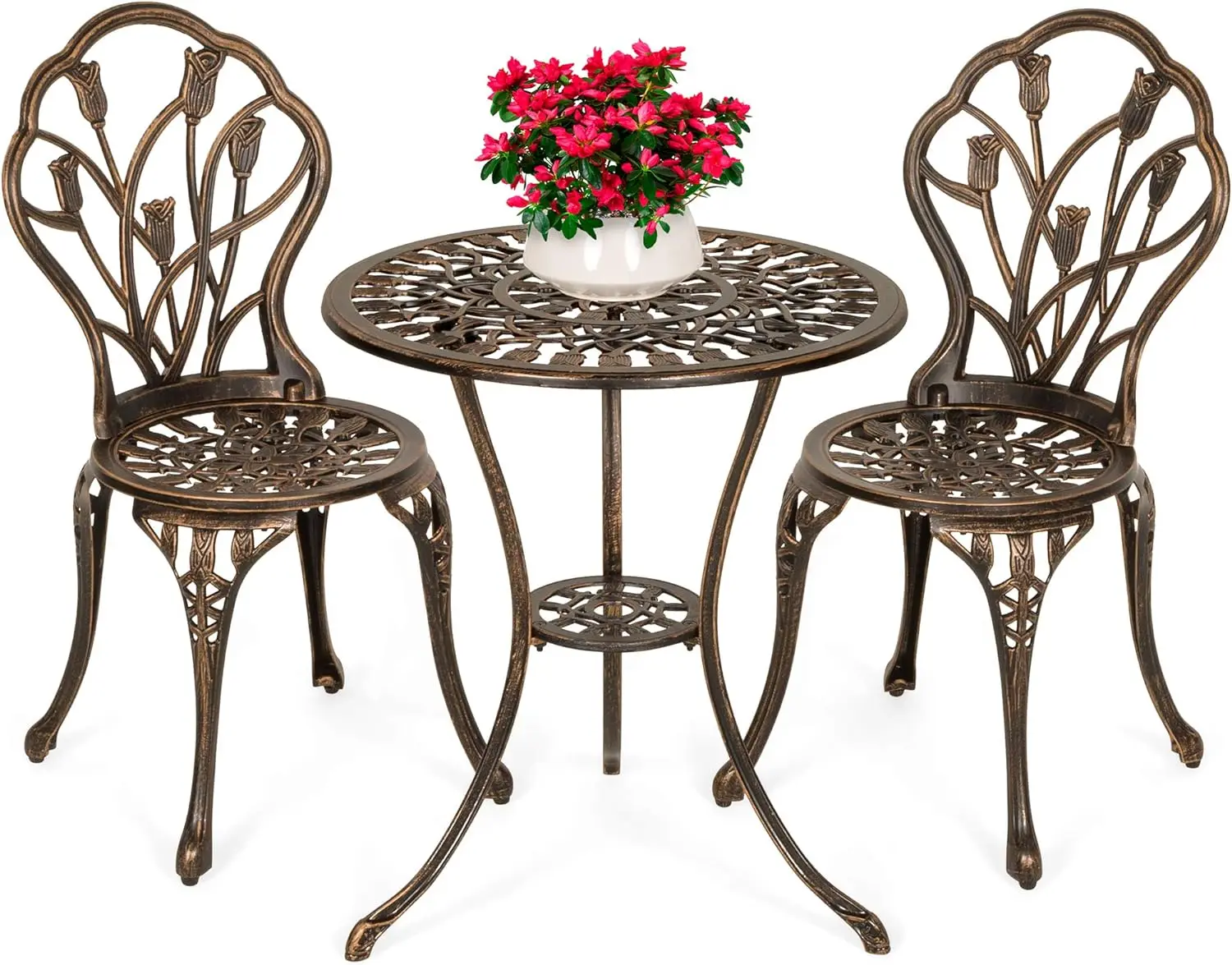 

Best Choice Products 3-Piece Outdoor Rust-Resistant Cast Aluminum Patio Bistro Set w/Tulip Design, Antique Finish