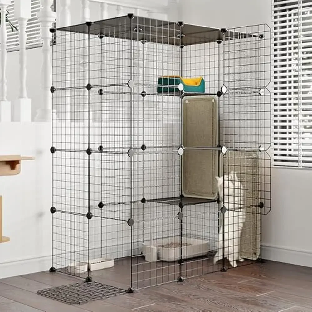 Large 4-Tier Metal Cat Cage with Scratch Blanket Modular Cat Enclosures Indoor Playpen Detachable Wire Kennel Crate Exercise