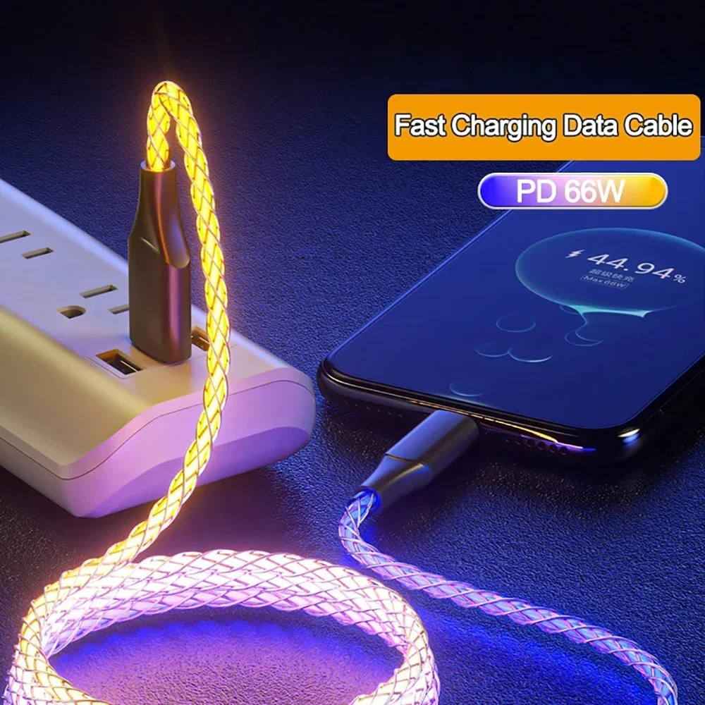 RGB 66W 6A USB C Fast Charging Cable Colorful Streamer Glowing Line For Samsung Xiaomi Redmi Huawei 1M Game LED Light Data Sync