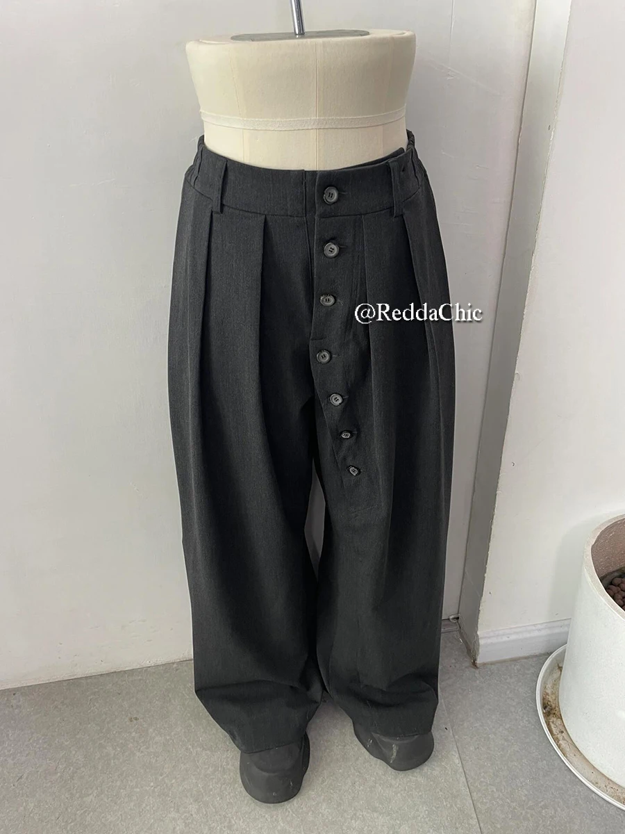REDDACHiC Irregular Buttons Dress Pants Women Men Black Elastic Waist Wide Leg Pleated Front Suit Trousers Work Casual Clothes 3