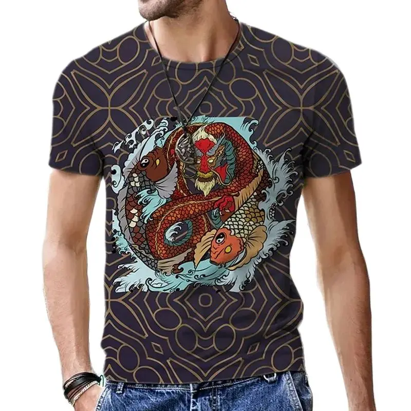 

New Summer Men 3d Printed Tiger Dragon Koi Bird Totem Fashion T-Shirt O Collar Short Sleeve Harajuku Exquisite Printed Top 6xl