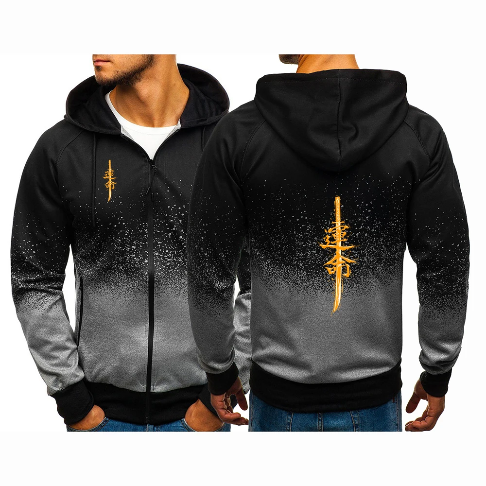 Mens Gradient Color Hoodie Samurai Print High Quality Coat Jacket