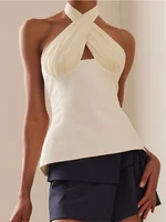 Sexy Women Summer Fashion Tank Tops Solid Color Sleeveless Backless Tie-up Halter Off Shoulder Ruched Vest Streetwear - Image 5