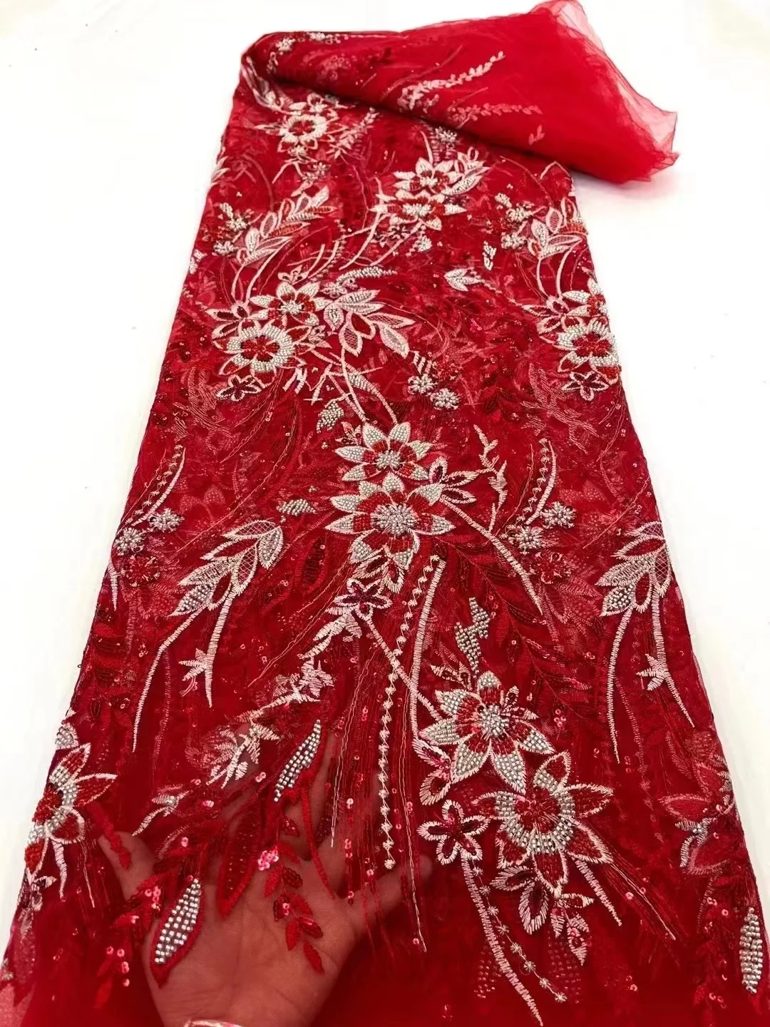 

French Luxury Classic RED Heavy Handmade Bead Tulle Lace 2023 High Quality African Sequins Pearl Fabric For Bride Evening Dress