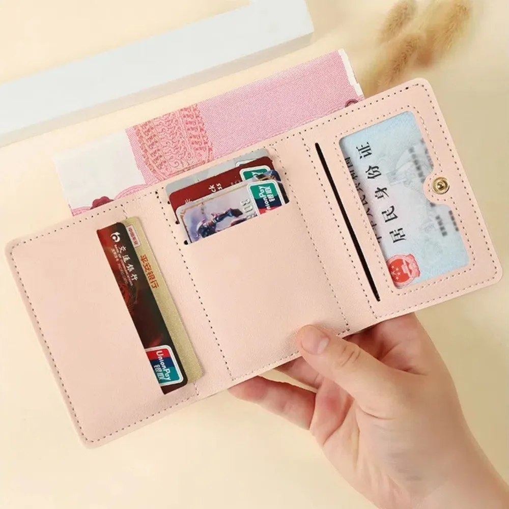 Sweet Pink Color Women Wallet Floral Bow Multi Card Coin Purse PU Leather Photocard Bag Travel