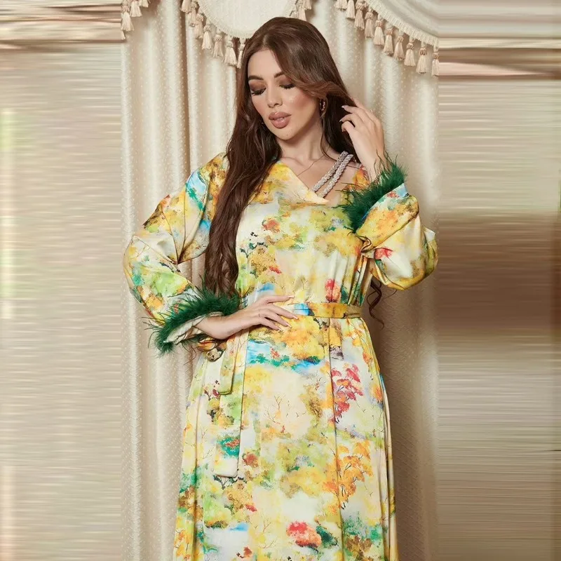 Dress Djellaba Diamond Fashion Ostrich Feather Muslim Long Dress abaya femme  robes femmes élégantes chic