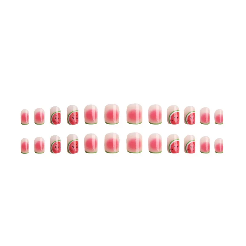 Fake Nails 24Pcs/Box Frozen Watermelon Women Girls Nail Art Fake Nails Handmade Coffin Cute Kawaii Press-On Nails