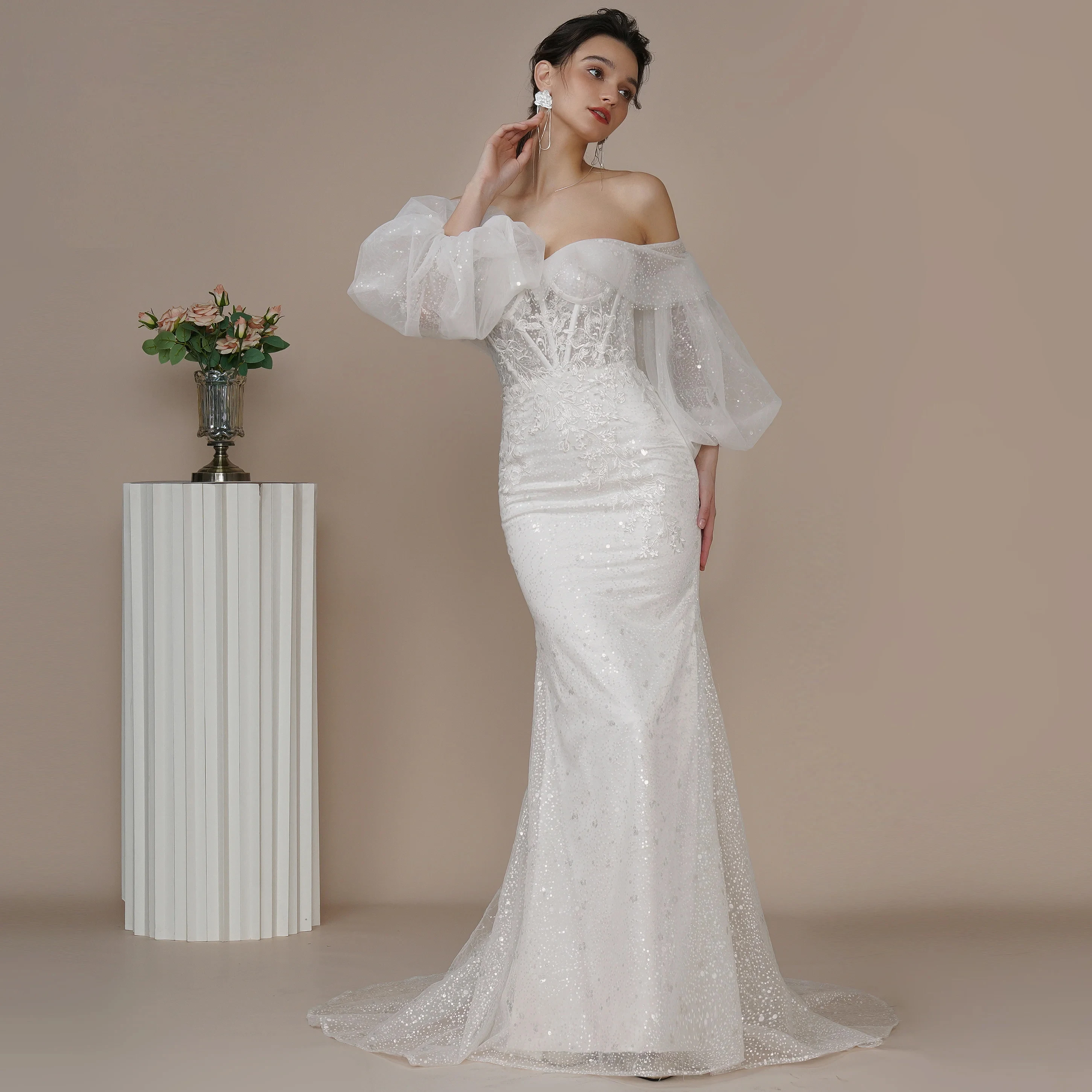 

Haohao 2024 блестящее свадебное платье с юбкой-годе цвета слоновой кости сексуальное свадебное платье в стиле бохо для невесты блестящее платье со съемными рукавами