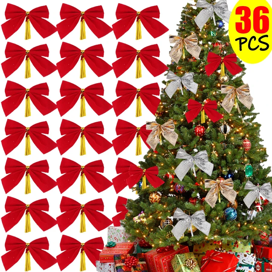 Description Picture 3 of item36/12PCS Small Red Gold Velvet Bow Christmas Tree Bow Pendant New Year Party Garland Gift Box Decoration DIY Handmade Supplies