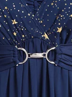 Fashion women's plus size explosions star print button pocket pleats butterfly sleeve elegant temperament dress - Image 5