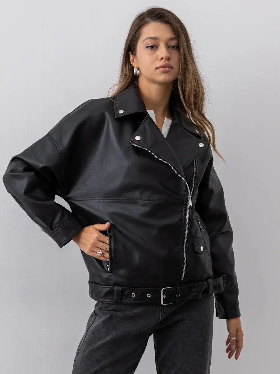 DFGHN Floral Embroidery Faux Leather Jacket for Women Long Sleeve Beaded  Spring Slim Biker Jacket PU Coat,Black,L