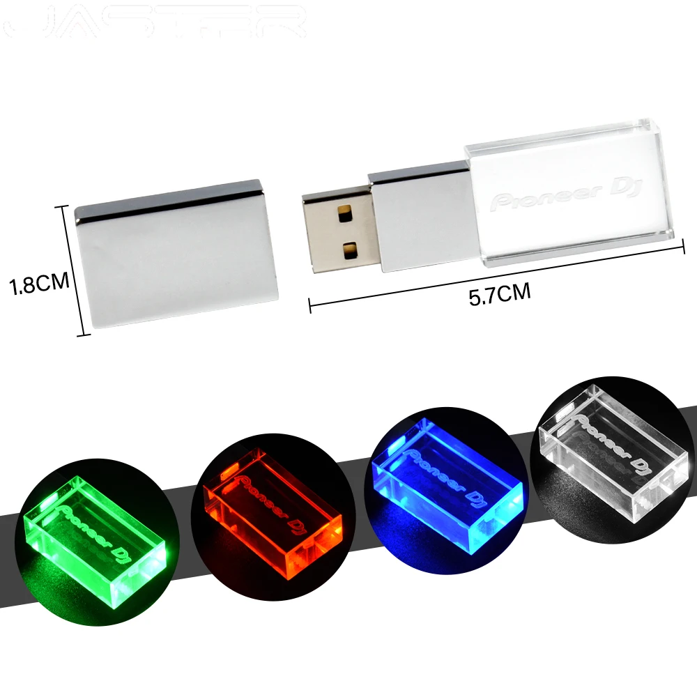 JASTER-새로운 USB 플래시 드라이브 2.0 64GB 32GB 펜 드라이브 16GB 크리스탈 컬러 LED 라이트 8GB, 커스텀 로고 메모리 스틱, 컴퓨터 사무용품 부품, 예쁜, 선물하기 좋은, 커스텀