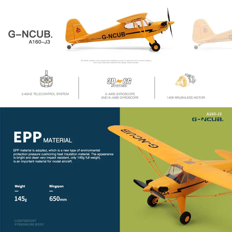 Avion RC WLtoys A160 posé au sol, gyroscope 3D/6G visible sous le fuselage
