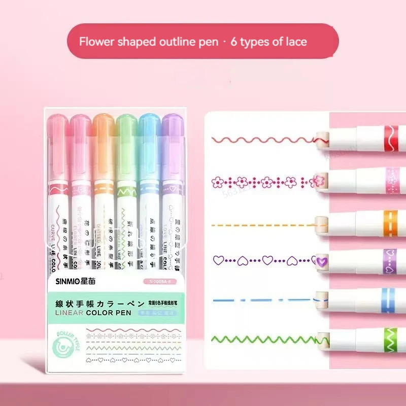 라인 모양 하이라이터 롤러 팁 커브 라이너 마커 펜, 그래피티 펜, 카와이 한국 문구, 학교 사무용품, 6 개