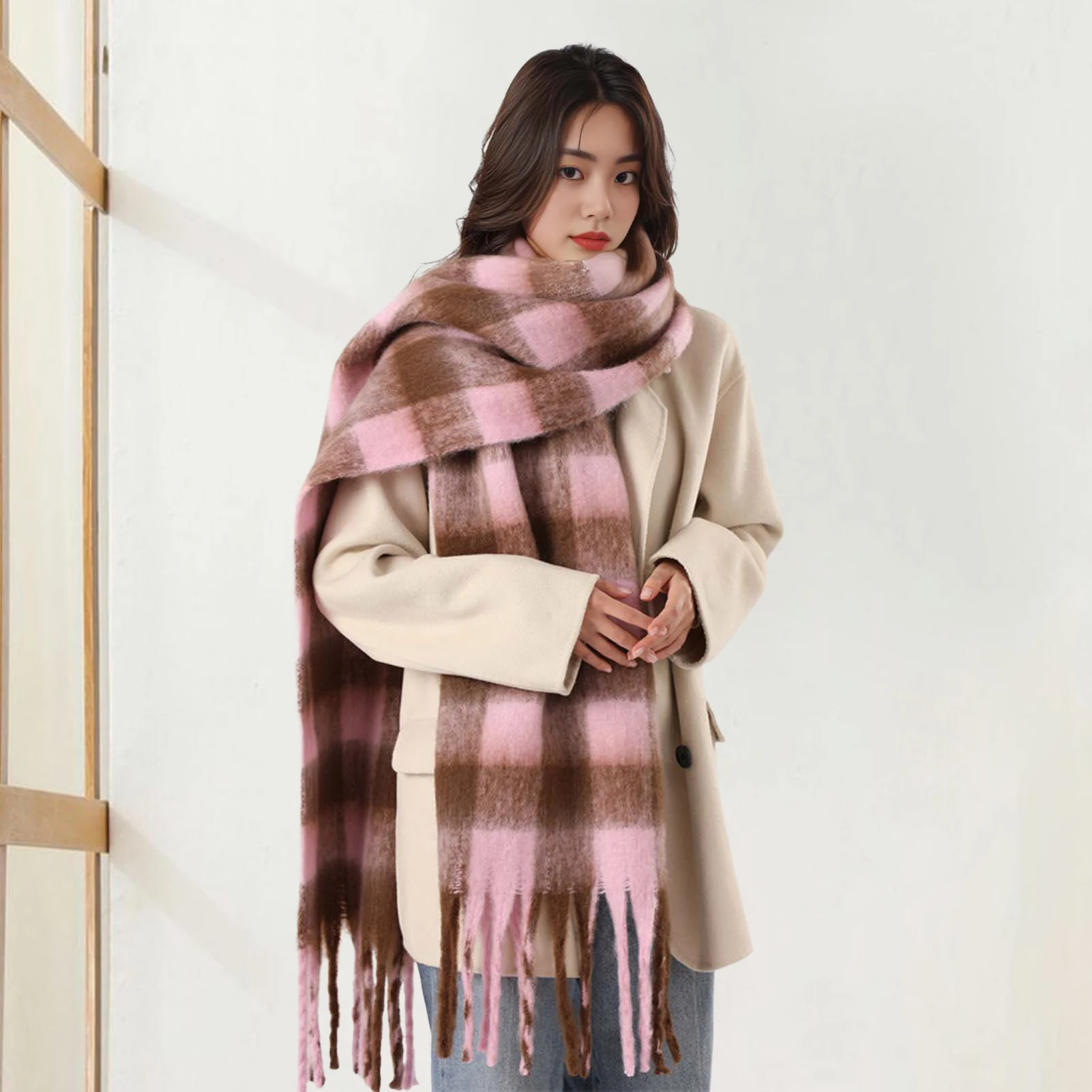 Women Rainbow Winter Plaid Cashmere Scarf Shawl Wrap Chequered Scarves Necks Warm Long Tassel Thicker bufanda invierno mujer 6
