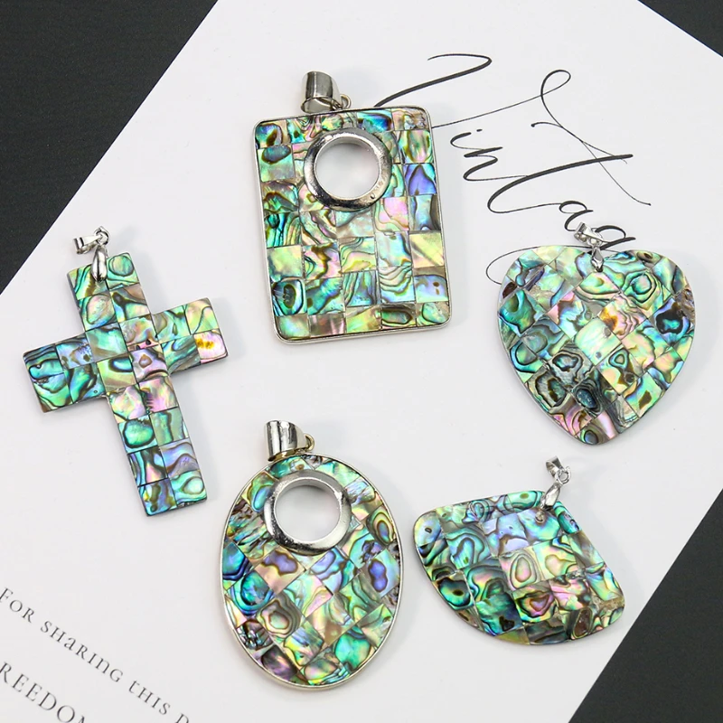 HyperboleRealAbaloneShellPendantGeometricalFanHeartCrossOvalRectangleMosaicPuzzle