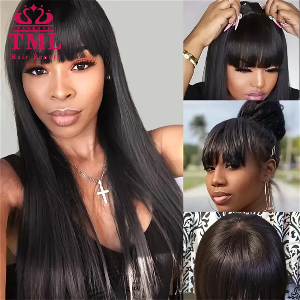 Bone Straight Human Hair Wigs with Bangs For Women Brazilian Natural Cheap Full Machine Made Wigs 30Inch Long Straight Bangs Wig
