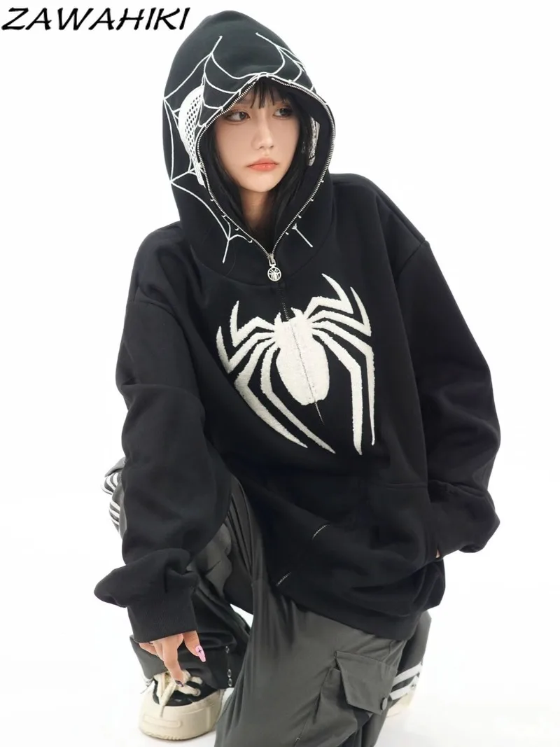 

American Retro Chic Designed Cartoon Graphic Print Hoodies Sweatshirt Women Zip-up Fashion Loose Long Sleeve Streetwear Tops