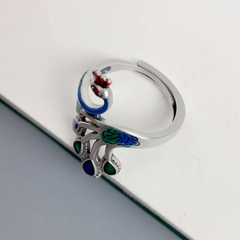 Monkton Wholesale 925 Sterling Silver Color Peacock Rings for Women Jewelry Live Burn Blue Craft Phoenix Animal Ring 2023 Trend