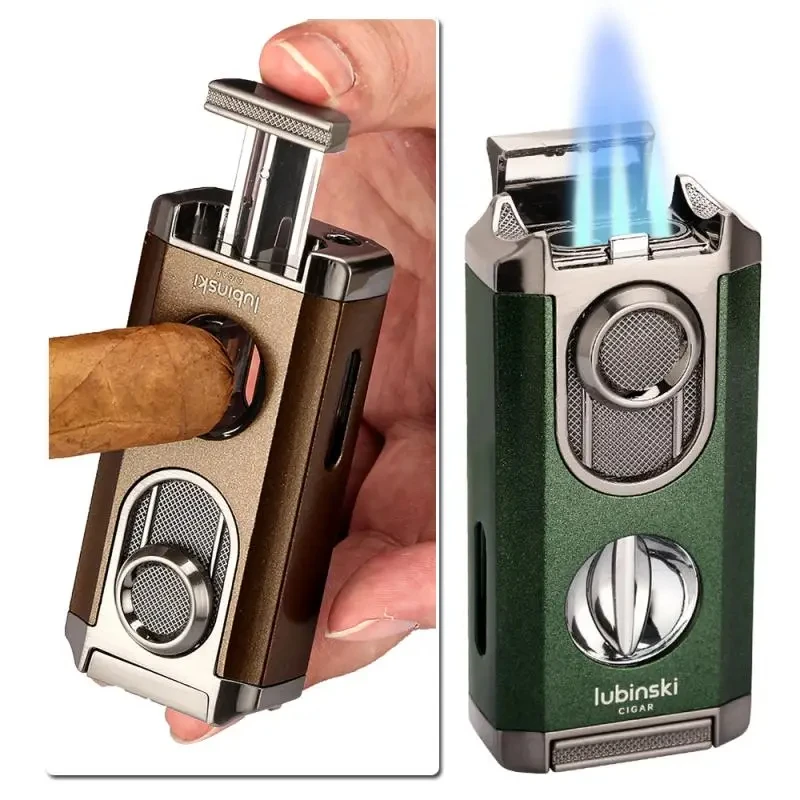 

LUBINSKI Cigar 2-in-1 Metal Lighter Three Fire Direct Spray Windproof Butane Lighter V-shaped Cigar Cutting Knife High End Gift