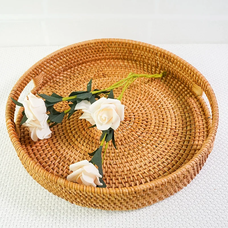 

Rattan Woven Oval Dim Sum Tray Manual Round Double Ear Japanese Storage Basket