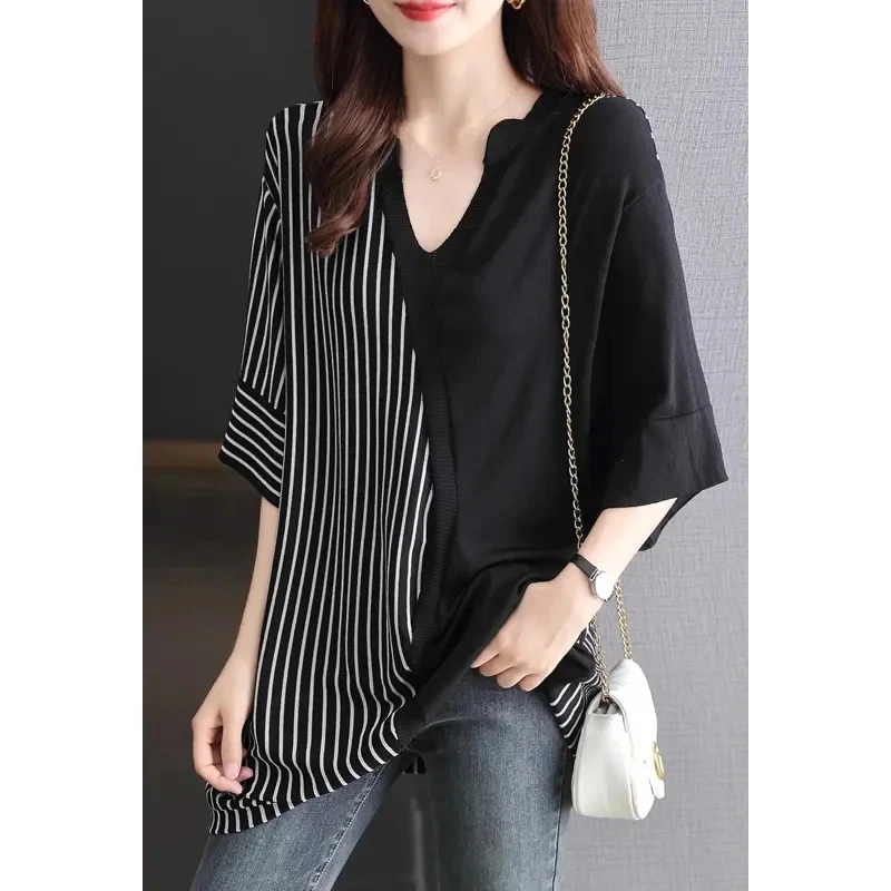 

2024 New Summer Leisure Stripe Pullover Women Ice Silk V-Neck Loose Bottoming Sweater Thin Fashion Five-Point Sleeve Tops Female