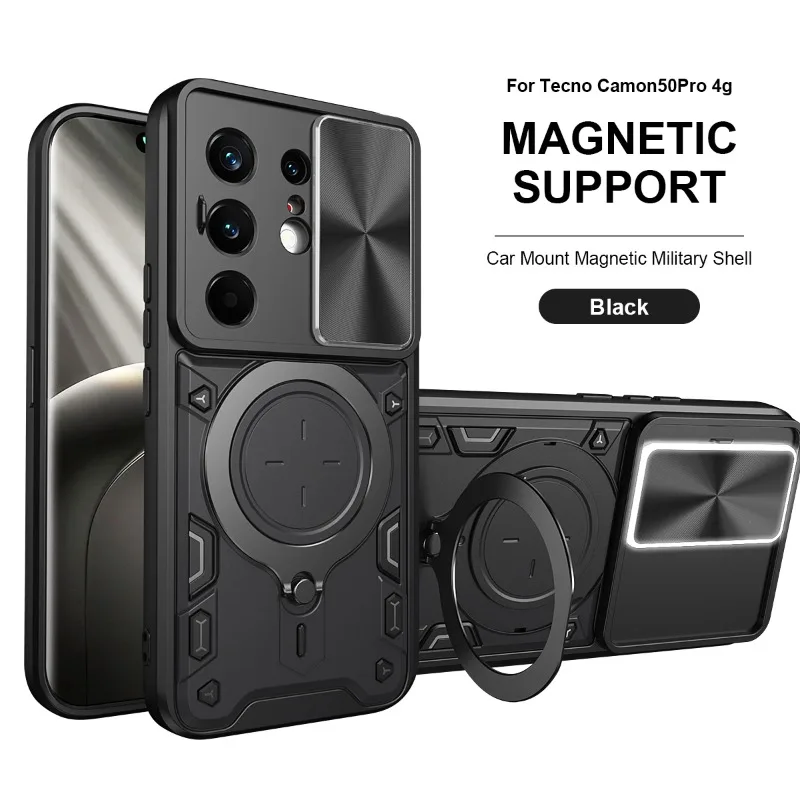 Tecno Camon Heavy Duty Shockproof Armor Case with Magnetic Ring Holder and Slide Lens Protection Cover