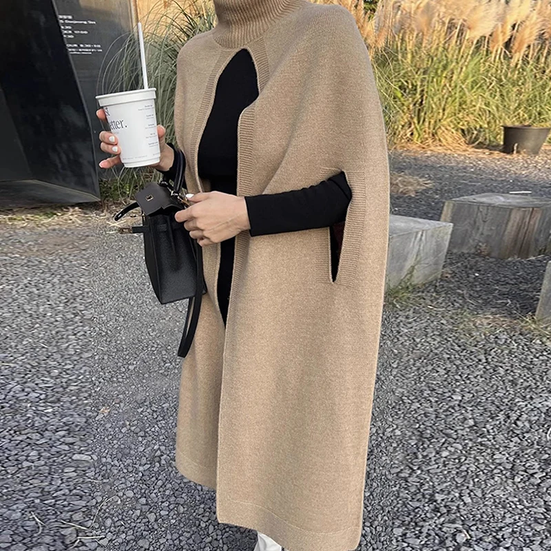 

SuperAen Korean Autumn Vintage Turtleneck Loose Casual Long Sweater Woman Sleeveless Solid Color Pullover Capes Coat