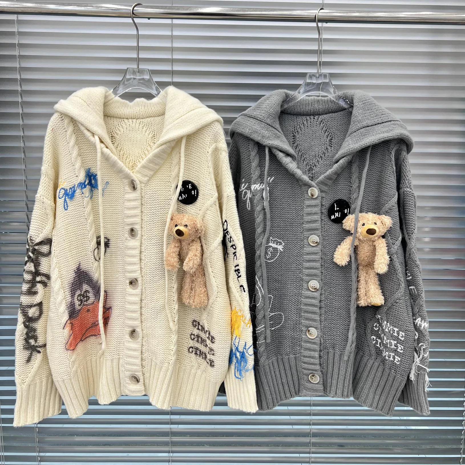 

3D bear bunny doll toy jumper for women letter embroidered hooded wool knitted cardigan jacket trend white sweater traf